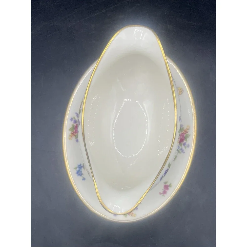 Vintage Lamberton Rose of Lamberton Gravy Boat Underplate Gold Trim Floral China